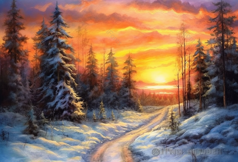 白色冬天下完雪的森林中黄昏下梦幻童话场景,插画/手绘图,插画/手绘图库,插画/手绘图下载,插画/手绘